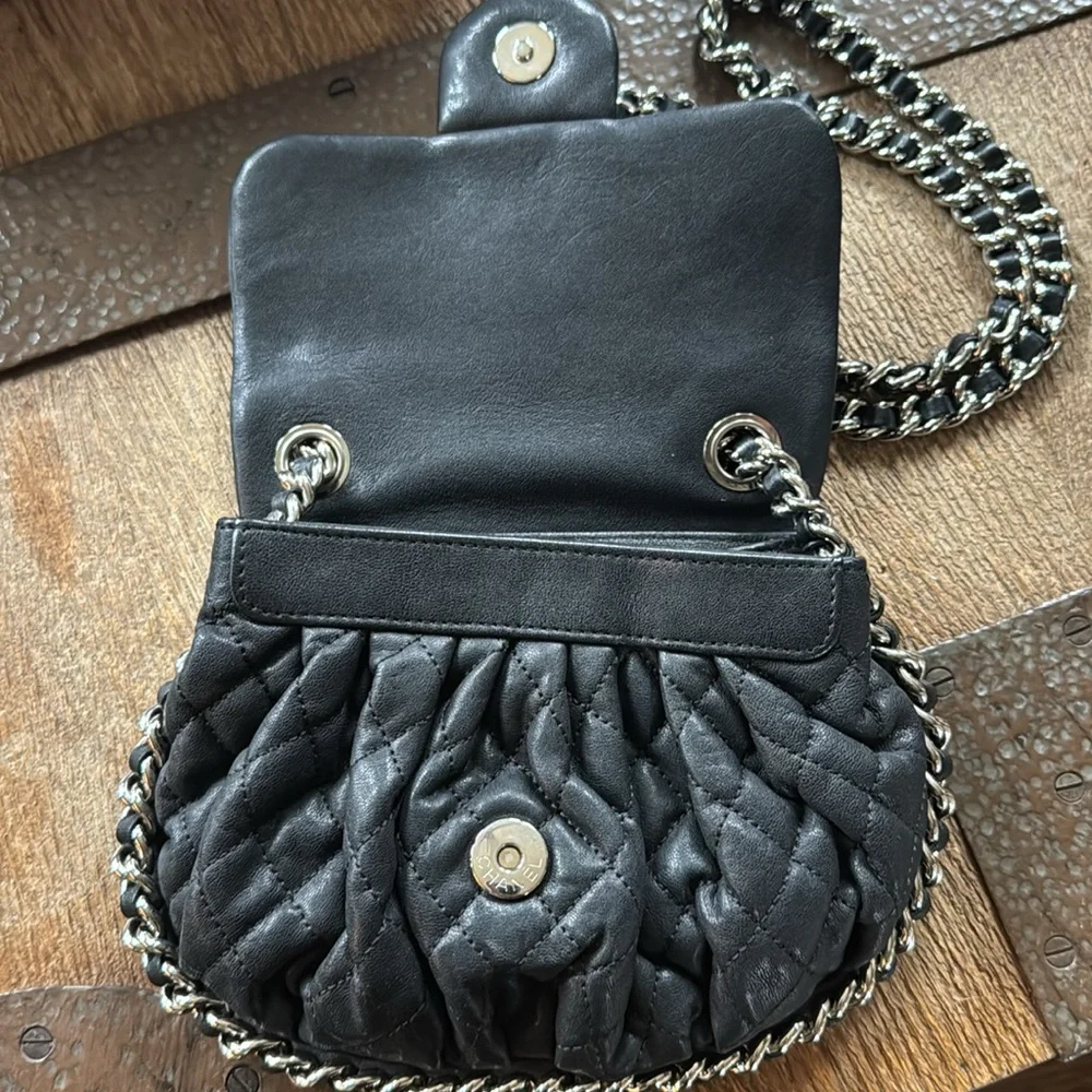 Chanel black leather chain around crossbody bag chunky silver hardware 8x6